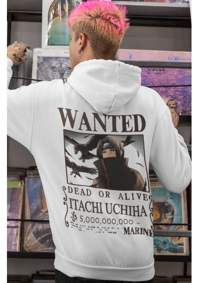 Sevbano Wanted Itachi Uchiha One Piece Anime Sırt Baskılı Unisex Oversize beyaz