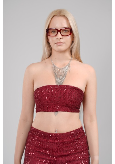 Mayrem Pul Payet Straplez Crop & İspanyol Paça Set Takım Bordo