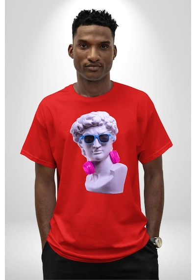 Kulaklık Gözlük Pop Art Heykel Pamuklu Bisiklet Yaka Unisex Oversize Boyfriend Dijital Baskılı Kırmızı T-shirt Kırmızı