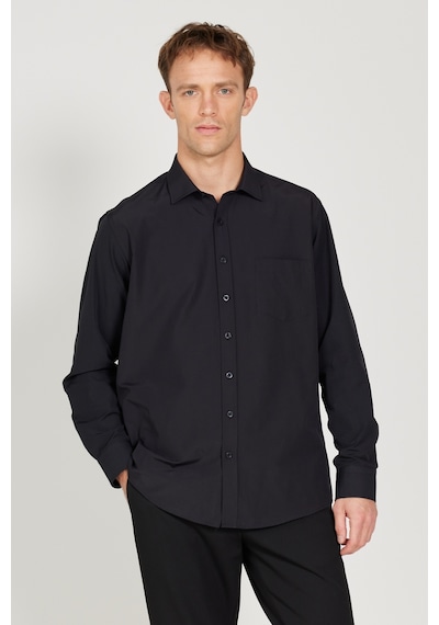 AC&Co / Altınyıldız Classics Erkek Sıyah Kolay Ütülenebilir Comfort Fit Geniş Kesim Klasik Yaka Gömlek Siyah