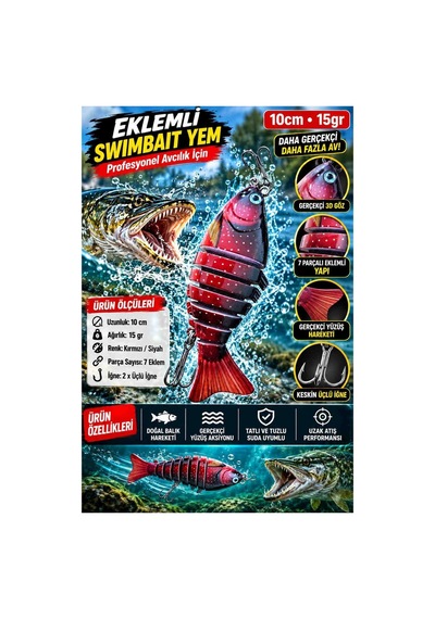 7 Parçalı Eklemli Swimbait At Çek 15 Gr 10 Cm Kırmızı Siyah Yüzüşlü 3d Gözlü Çift Üçlü Iğneli