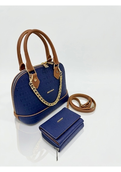 Just Polo Kadın Zincir Detaylı Lüks El & Omuz Çantası Ve Cüzdanı Kombin Shopper Ebat : 25x22 Cm Lacivert - Taba