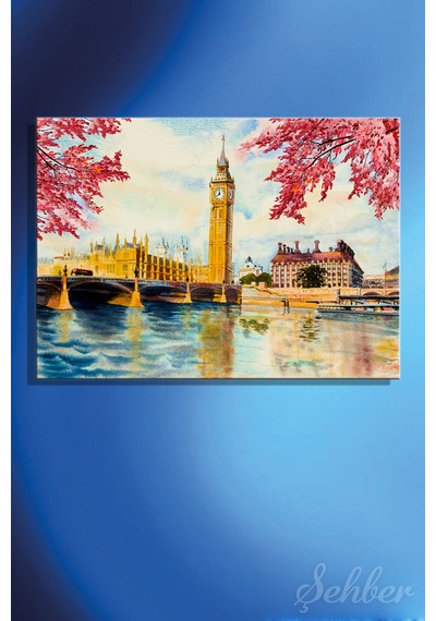 Suluboya Tarzında Thames Nehri Kıyısındaki Big Ben Saat Kulesi Yatay Kanvas Tablo 4018 Çok Renkli