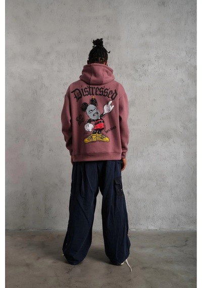Erkek 3 İplik Pamuklu Kapüşonlu Kanguru Cepli Sweatshirt Hoodie - Gül Kurusu Gülkurusu