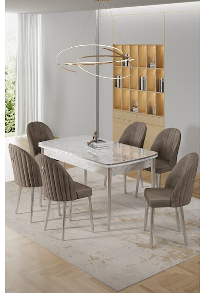 Canisa Rada Serisi 80x132 Açılabilir Lak Panel Beyaz Mermer Desen Masa 6 Cappucino Sandalye Krom Detay Masa Beyaz Mermer Desen Sandalye Cappucino Canisa Rada Serisi 80x132 Açılabilir Lak Panel Beyaz Mermer Desen Masa 6 Cappucino Sandalye Krom Detay Masa Beyaz Mermer Desen Sandalye Cappucino