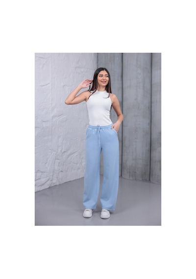 Myrab Denim Kadın Mavi Baggy Keten Pantolon Lastikli Bel Bağcıklı Rahat Geniş Paça Yazlık Pantolon