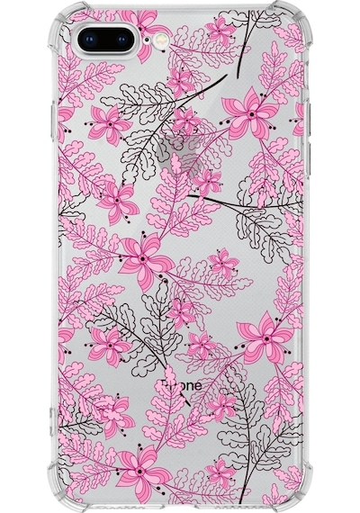 Apple Uyumlu iPhone 8 Plus  Köşe Korumalı Antişok Kapak Floral Pembe Tasarımlı Şeffaf Kılıf