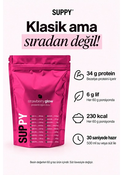 Suppy Strawberry Glow Çilekli Proteinli Öğün Tozu 600 G Çilek
