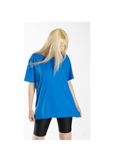 Kadın Mavi Basic Bisiklet Yaka Oversize Pamuklu T-shirt Mavi