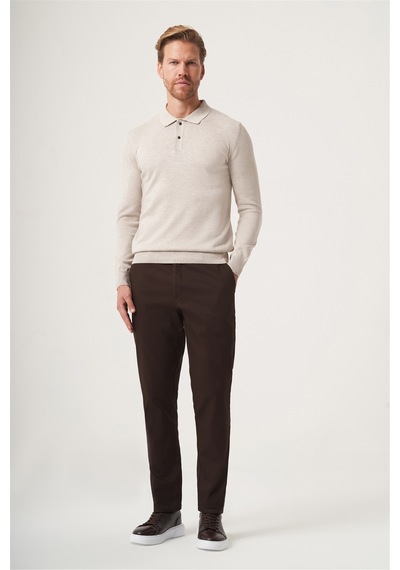 İmza Bej Polo Yaka Uzun Kol Örme Comfort Fit Pamuklu Kazak 1012265150