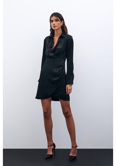 Sateen Desenli Kruvaze Elbise - Siyah-135582 Siyah