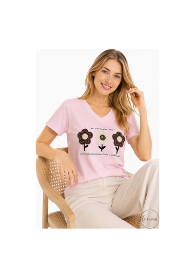 Cassime Kadın Pembe %100 Pamuk Regular/normal Kalıp Çiçek Nakışlı Örme T-shirt