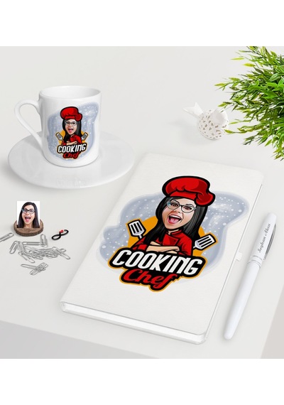 Kişiye Özel Bayan Chef Karikatürlü Beyaz Defter Kalem Türk Kahves N11.24469