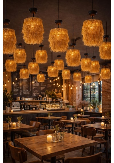 Hasır Avize 45x30 Cm 2 Katlı Bohem Doğal El Yapımı Cafe & Salon Led Uyumlu SARI