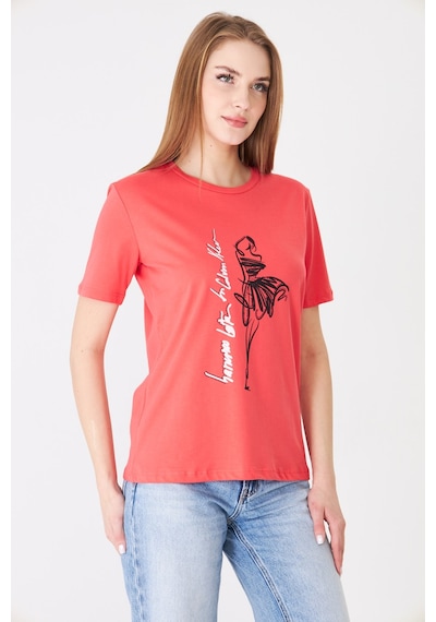 Sortie Collection Eteği Tül Detaylı Silüet Baskılı Basic Tshirt Mercan