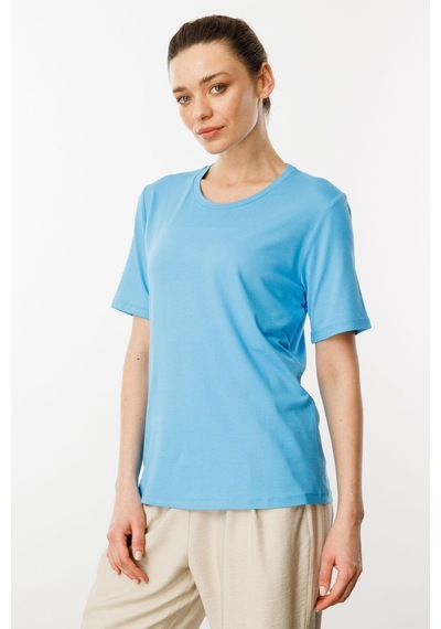 Kadın Sıfır Yaka Basic Penye T-shirt Mavi Mavi