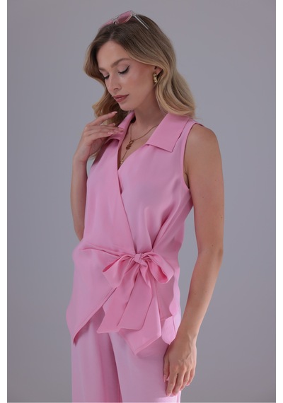 Eseclass Yandan Bağlamalı Kruvaze Model Tencel Gömlek Pembe Pembe