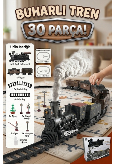 Pilli Buharlı Tren Seti - 30 Parça Işıklı Sesli Gerçek Duman Çıkaran Raylı Tren Oyuncağı