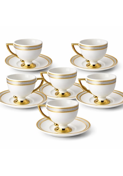 6 Kişilik Gold Gümüş Detaylı Kahve Fincanı Takımı- Buenos Gümüş Desenli Porselen Fincan Seti Beyaz - Altın