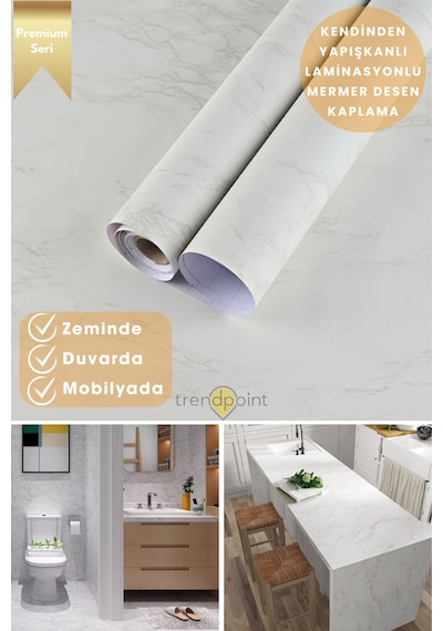 Trendpoint Kendinden Yapışkanlı Mermer Görünümlü 60cm 300cm Premium Zemin Duvar Kağıdı Dolap Kaplama
