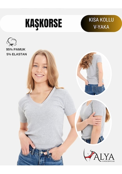 Alya Underwear V Yaka Kaşkorse Kumaşlı Kısa Kollu Bluz, Esnek Ve Pamuklu Kumaş Badi, Bej Kemik Body Gri Melanj