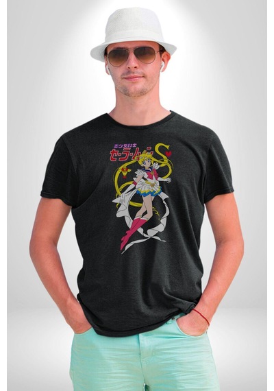 Sailor Moon Anime Usagi Tsukino Unisex Unisex Siyah Organik Baskılı T-shirt Penye Yüksek Kalite Siyah