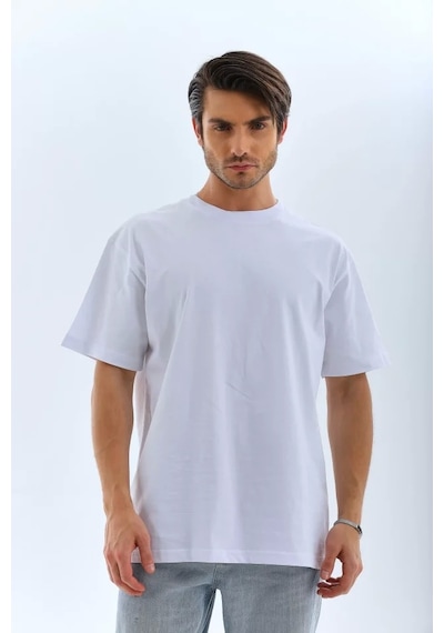 Unisex Oversize Düz Bisiklet Yaka T-shirt - Beyaz Beyaz