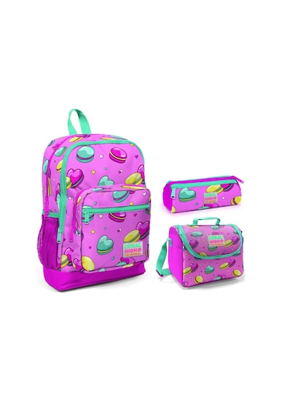 Coral High Makaron Baskılı Kız Çocuk 3'lü İlkokul Çanta Seti