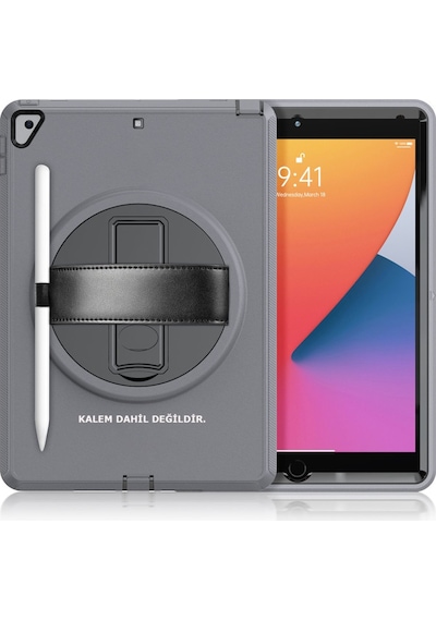 İpad Uyumlu 10.2 7.nesil Kılıf Hand Strap Tablet Kılıfı - Gri Klasik