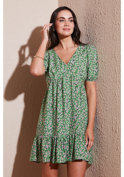Lela Regular Fit V Yaka Balon Kol Desenli Mini Bayan Elbise 67810045 Yeşil