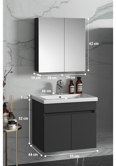 Çiğdem 55 Cm Antrasit Gri Mat Mdf Seramik Lavabolu Asma Banyo Dol Antrasit - Gri