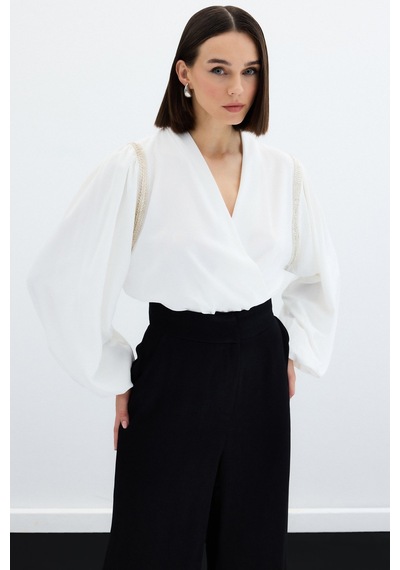 Sateen Aksesuar Detaylı Bodysuit Bluz - Ekru