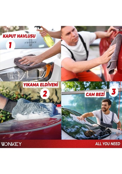 Mikrofiber Oto Yıkama Temizleme Seti Araç Kurulama Havlusu + Otomobil Cam Bezi + Araba Yıkama Eldiveni Paketi, Prof