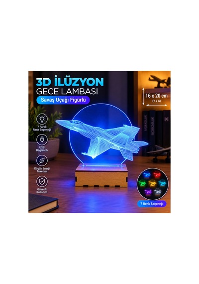 Şeffaf İlizyon Led Gece Lambası Savaş Uçağı Görseli 16x20 Cm