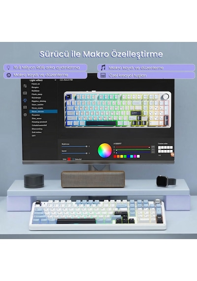 Aula F99 Pro 3 Modlu Rgb Hot Swap Mekanik Star Vector Switch Kablosuz Makrolu Klavye Lacivert