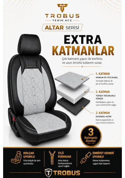 Fiat Egea Cross 2020+ Uyumlu Altar Serisi Tay Tüyü Gri Siyah Premium Koltuk Kılıfı
