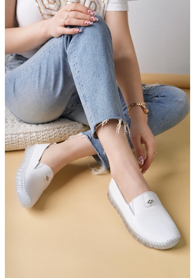 Nesilshoes Nesil Shoes Knc 14 Beyaz Hakiki Deri Şeffaf Taban Kadın Ayakkabı