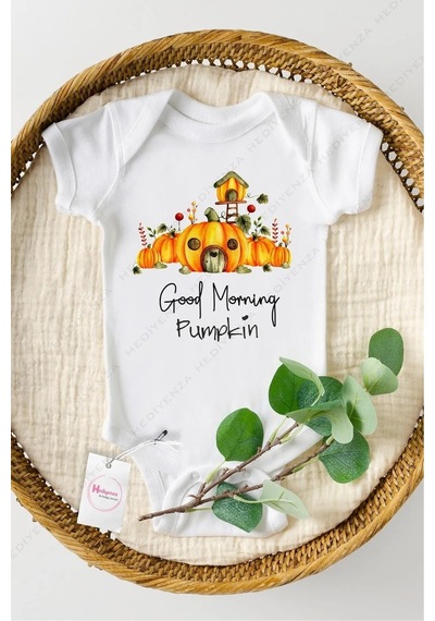Hediyenza Good Morning Pumpkin Özel Tasarım Bebek Zıbın Pamuklu Çıtçıtlı Body Beyaz