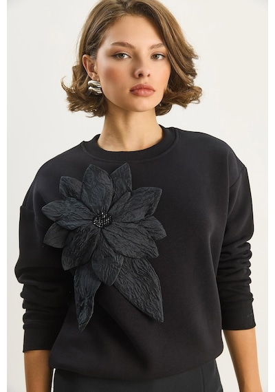 Shade Kadın Bisiklet Yaka Çiçek Aksesuarlı Üç İplik Şardonlu Sweatshirt 60601043 - Siyah