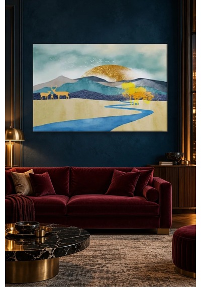 Fida Altın Güneş Ve Mavi Nehir Kıyısında Geyik Ailesi Canvas Tablo Çok Renkli
