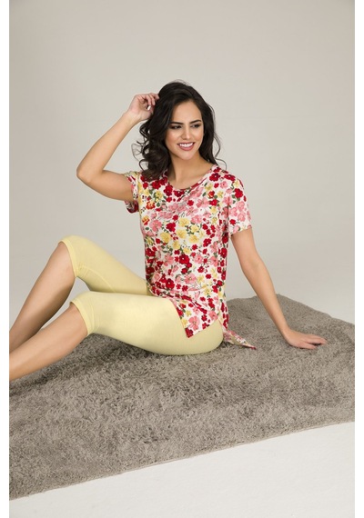 Myben Kadın Sarı Renkli Çiçek Desenli Tunik Ve Taytlı Pijama Slmky04 Sarı