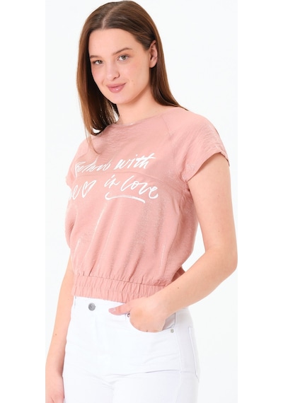Sortie Collection Reglan Kollu Yazı Baskılı Beli Lastikli Bluz Pembe