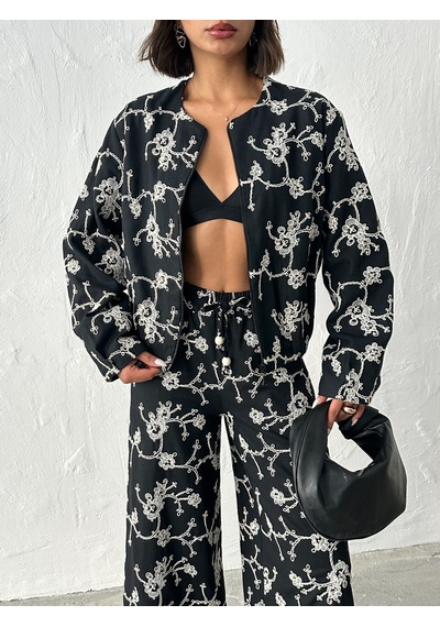 Verymoda Çiçek Nakışlı Fermuarlı Ceket F1948 Siyah