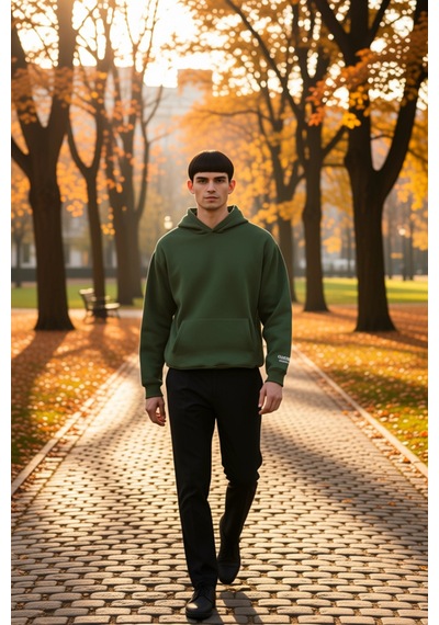 Benerly Erkek Kapüşonlu Standart Kol Oversize Kalıp Slogan Desenli Sweats Haki
