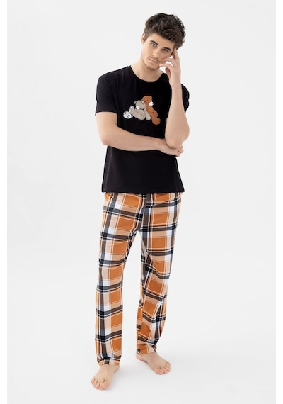 Koza İç Giyim Erkek Kısa Kollu Pamuklu Ekose Desenli Ayıcık Baskılı Pijama Takımı Ko60101 Turuncu