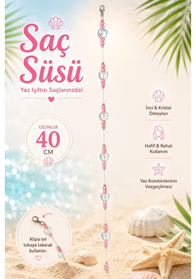 Işıltılı Kalp Boncuklu Pembe Kristalli Çocuk Saç Süsü - 40 Cm Diğer