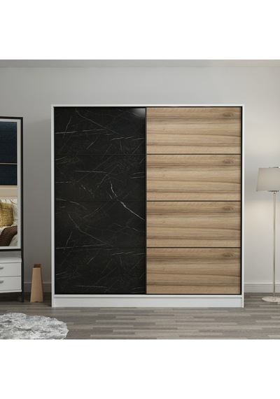 Minarmobilya Minar Kale 2 Kap. Sürgülü Dolap 180 Cm - Beyaz/Royal Mermer/Dore