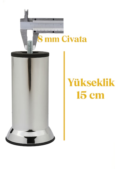 Baza Koltuk Kanepe Mobilya Ayağı İnce Diş Metrik 8mm Krom Metal Ayakları 15cm 8 Adet Metal Krom