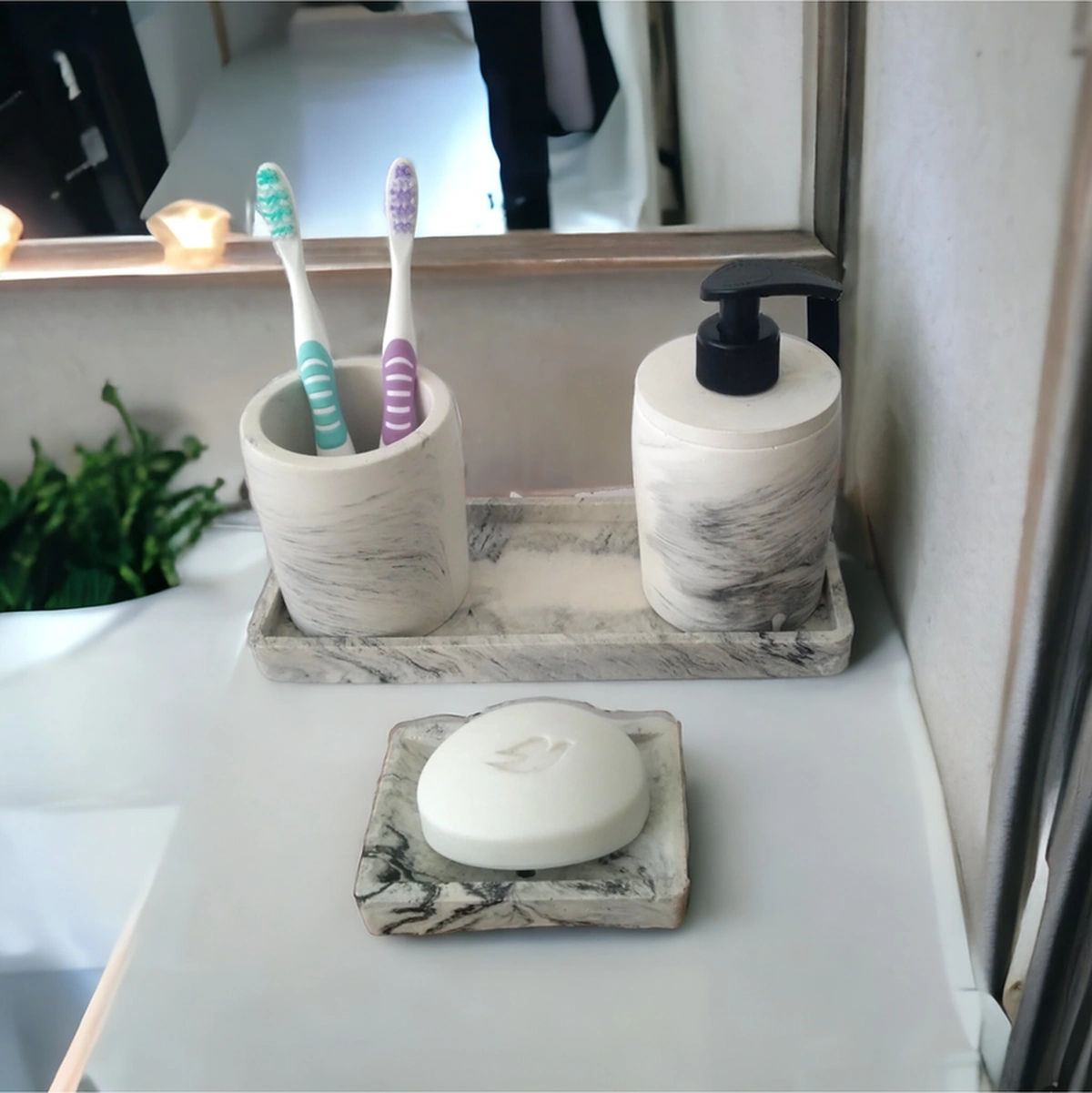 Marble 4'lü Banyo Seti , Sıvı Sabunluk Diş Fırçalığı Beton Aksesuar Takım Gri