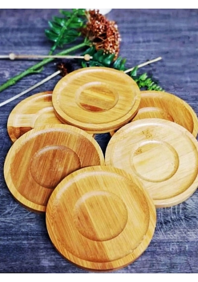 6 Adet Yuvarlak Bambu Çay Tabağı, Bardak Altlığı, Fincan Tabağı Bambu